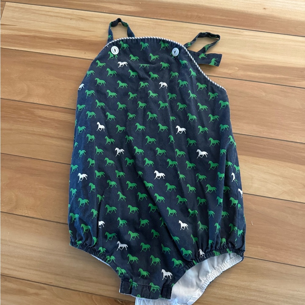 Charming Blue Romper with Green Horse Pattern